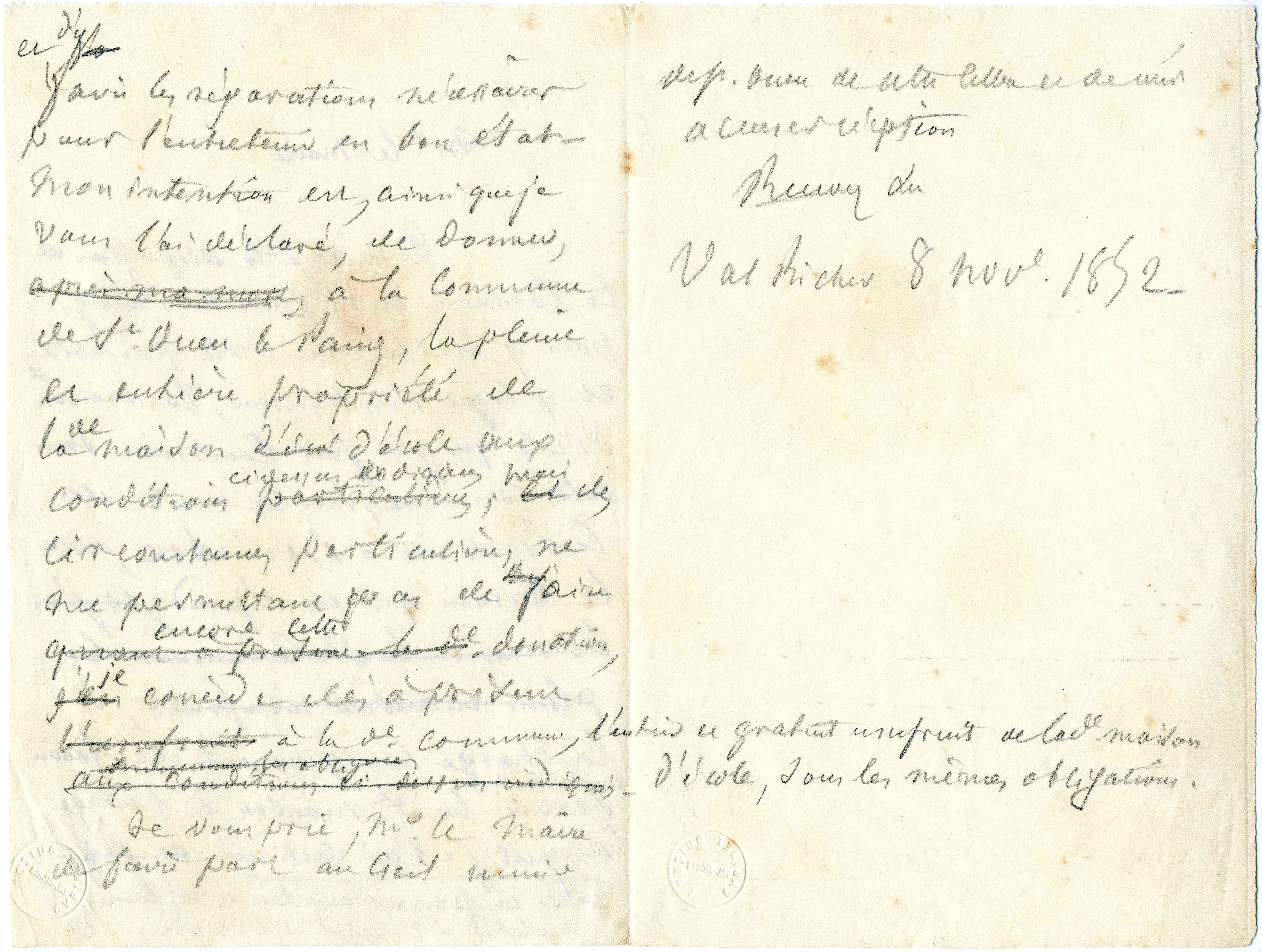 Minutes d'une lettre de François Guizot au maire de Saint-Ouen-le-Pin