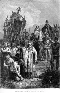 Alphonse de NEUVILLE. Charlemagne impose le baptême aux Saxons. Gravure sur bois In L'histoire de France racontée à mes petits-enfants, tome 1 de François Guizot, Paris, Hachette, 1877.
